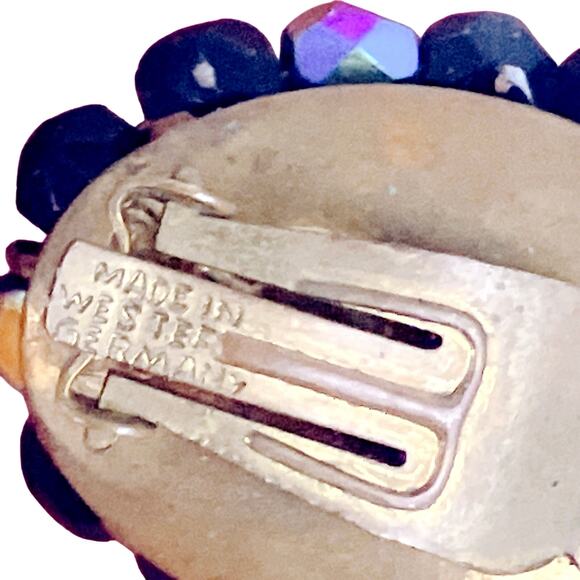 VTG Western German Glass AB Jet Black Cluster Clip On Earrings 1960s Cocktail - Picture 7 of 12